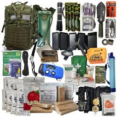 an assortment of items that include hiking equipment and survival kits are shown in this collage