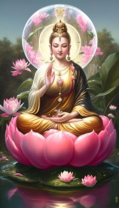 buddha sitting on top of a pink flower