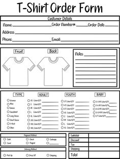 the t - shirt order form is shown in black and white