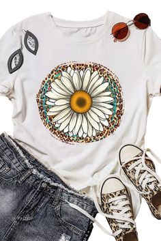 White Daisy Leopard Graphic Print Short Sleeve T Shirt Summer Casual T-shirt With Sunflower Print, White Graphic Print T-shirt For Spring, Spring White Tops With Graphic Print, White Graphic Print Shirt For Spring, White Summer Top With Sunflower Print, White Letter Print T-shirt For Spring, Fall Crew Neck Top With Sunflower Print, Crew Neck Cotton Tops With Sunflower Print, White Cotton Tops With Sunflower Print