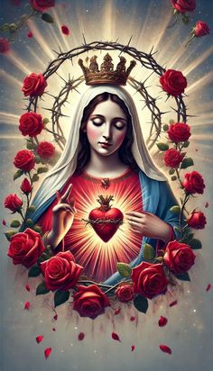 the virgin mary holding a heart surrounded by red roses and crown on top of her head