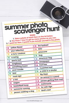 a poster with the words summer photo scavenger hunt on it next to a camera