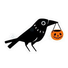 a black bird with a jack - o'- lantern hanging from its beak on a white background