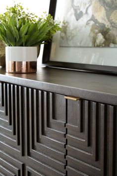 a plant is sitting on top of a dresser