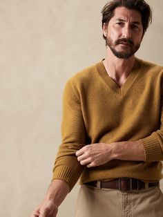 Amalfi Cashmere V-Neck Sweater | Banana Republic Mens Dress Up Sweater, Men's Affordable Crew Neck Sweater, Brown V Neck Sweater Men, Men's Dress Sweaters, Male Sweaters, Anniversary Outfit, Mustard Yellow Sweater, Europe Travel Outfits, For Seasons