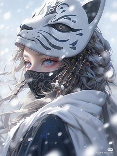 a woman wearing a white tiger mask with long hair and blue eyes in the snow