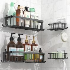 two shelves with soaps, lotions and other items on them in a bathroom