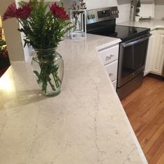 a vase filled with flowers sitting on top of a kitchen counter next to an oven