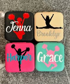 four coasters with cheerleader designs on them