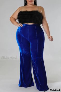 Olivia Mark - Blue and Multicolored Patchwork Casual Trousers for Plus Size Women Blue Non-stretch Party Bottoms, Patchwork Trousers, Plus Size Trousers, Crop Top Dress, Stylish Plus, Long Sleeve Short Dress, Velvet Pants, Daily Dress, Casual Trousers