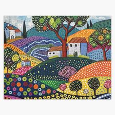 a colorful painting with houses and trees on the hill side, surrounded by hills and dots