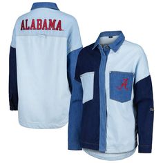 This full-snap Alabama Crimson Tide jacket from Hype and Vice is the perfect layer for chilly games. Denim fabric adds dimension to the understated Alabama Crimson Tide embroidery and provides excellent warmth to stifle cold temperatures. The relaxed fit makes it comfortable to root for your squad in style. Long sleeve Material: 64% Cotton/31% Polyester/3% Rayon/2% Spandex Officially licensed Two front pockets Embroidered graphics Machine wash with garment inside out, tumble dry low Rounded drop Throwback Long Sleeve Outerwear For Game Day, Long Sleeve Winter Outerwear For Game Day, Winter Game Day Long Sleeve Outerwear, Urban Style Outerwear For Game Day In Fall, Long Sleeve Outerwear For Game Day In Winter, Urban Outerwear For Game Day In Fall, Fall Denim Jacket For College, Blue Long Sleeve Outerwear For Game Day, Casual Long Sleeve Denim Jacket For College