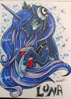 a drawing of a blue unicorn with long hair holding a drink in it's hand