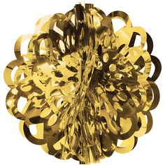 an abstractly designed light fixture hanging from a wire with black and gold circles on it