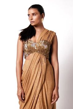 Shop for 431-88 by Shweta Kapur Gold Silk Star Pre-draped Saree With Corset Bustier for Women Online at Aza Fashions Saree With Corset, Amit Aggarwal, Embroidered Corset, Draped Saree, Drape Saree, Embroidered Lehenga, Corset Bustier, Pattern Embroidery, Gold Silk