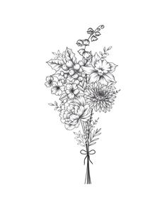 a bouquet of flowers is drawn in black and white