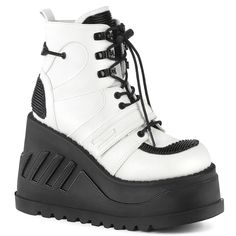 Demonia 4 3/4" Wedge platform Lace-Up Ankle Boot with Hook & Loop Strap Cassie Drawing, Demonia Boots, Alternative Shoes, Plateau Sneaker, Festival Shoes, Perfect Sneakers, Boots White, Gogo Boots