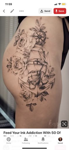 a woman's stomach with roses and an anchor tattoo on the side of her belly