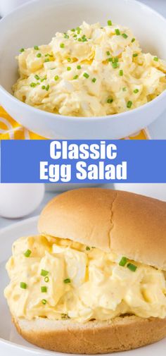 an egg salad in a white bowl next to a sandwich on a plate