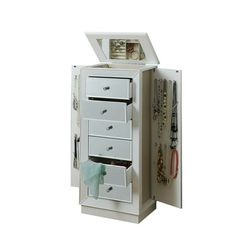 a white jewelry cabinet with drawers on the front and side doors open to reveal its contents