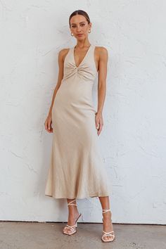 Shop the Coastal Charm Twist Back Maxi Dress Oat | Selfie Leslie Classic Coastal, Selfie Leslie, Purple Bridesmaids, Dinner Dates, Yellow Bridesmaids, Red Bridesmaids, Veil Hairstyles, Coastal Charm, Courthouse Wedding