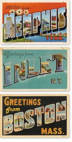 three vintage postcards from boston, new york, and minnesota depicting the city's landmarks