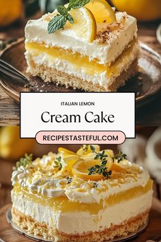 Light, fluffy cake layers filled with tangy lemon cream and topped with a delicate citrus glaze. This Italian-inspired dessert is perfect for spring gatherings, holiday celebrations, or any time you're craving a sweet, zesty treat! Lemon Custard Cake Recipe, Italian Themed Desserts, Lemon Cake Desserts, Italian Lemon Desserts, Italian Lemon Cream Cake Recipe, Italian Creme Cake, Italian Lemon Cream Cake, Limoncello Cake