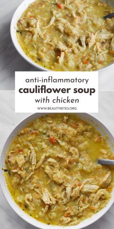 Super easy anti-inflammatory recipe for a delicious cauliflower chicken soup! This homemade soup recipe is light, flavorful, healthy and loaded with anti-inflammatory foods. Perfect healthy dinner idea for busy weeknights as it's ready in around 30 minutes, this clean eating recipe is also low carb, gluten free, dairy free and paleo. Cauliflower Chicken Soup, Chicken Soup Easy, Clean Eating Recipe, Cauliflower Chicken, Beauty Bites, Homemade Soup Recipe, Soup Easy, Health Dinner, Awesome Food