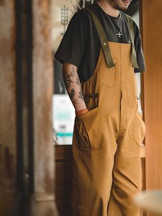 Casual Work Style, Black Midi Dress Bodycon, Workwear Overalls, Style Overalls, Unique Pockets, Mens Overalls, Retro Pants, Suspender Pants, Men Fashion Casual Outfits