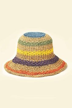 Packable crochet straw bucket hat with multi color stripes. Also comes with a size adjuster inside. Made of 100% straw. Can be folded very small to fit in your purse. Made In: China Spring Straw Bucket Hat, Woven Summer Bucket Hat, Woven Bucket Hats For Summer, Vacation Bucket Hat With Woven Detail, Spring Bucket Straw Hat, Summer Bucket Hat In Straw, Casual Straw Bucket Sun Hat, Casual Woven Bucket Straw Hat, Casual Summer Straw Bucket Hat