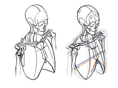 two drawings of alien heads, one is holding a knife and the other is looking at something