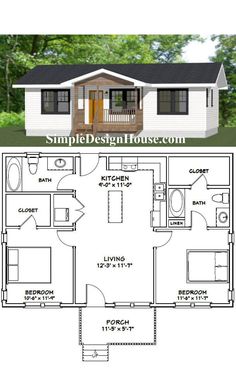 the floor plan for a small house with two bedroom and an attached porch, which is also