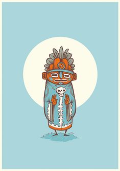 an illustration of a native american character in blue and orange with the moon behind it