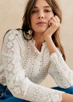 Long-sleeved shirt;Gathered high collar;Lace trims on body, sleeves and cuffs;Length from shoulder 62 cm / 24.4 in (for a 36) Sezane Blouse, White Embroidered Shirt, Fabric Roman Shades, Style Parisienne, Paris Mode, 가을 패션, Mode Inspiration, Embroidered Shirt