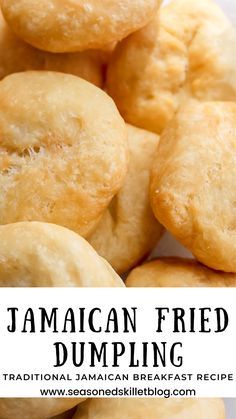 a pile of jamaican fried dumplings sitting on top of a white plate with text overlay