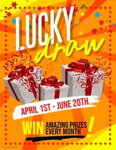 an advertisement for lucky draw with presents on the front and back side, in bright colors