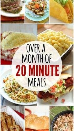 over a month of 20 minute meals with pictures of different types of food and drinks