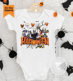 This listing is for the super cute Mickey and friends Halloween costume bodysuit. Lil Cute Tess Co uses Gerber Brand bodysuit bodysuit , they are super soft quality cotton bodysuits. The design is directly printed on to the bodysuit using safe eco-friendly inks.  PRODUCTION TIME AND SHIPPING -All orders next business day. Fun Cartoon Print Bodysuit For Playtime, Cartoon Print Bodysuit For Playtime, Cute Halloween Onesie For Playtime, White Bodysuit For Halloween Costume Party, White Onesie Halloween Costume, Playful Halloween Onesie With Cartoon Print, Playful Halloween Costume Onesie, Fitted Halloween Onesie For Playtime, Fitted Onesie For Halloween Playtime