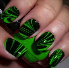 Green Gel Nail Designs, Black And Lime Green Nails, Green Nail Designs Short, Pretty Green Nails, Green Nail Art Designs, Stylish Nail Art, Camo Nails, Waterslide Nail Decals, Green Nail Art