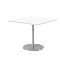 a white square table with a metal base on an isolated background, viewed from the front