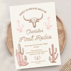 Vintage Pink Brown Girls First Rodeo 1st Birthday Invitation  Sweet girls pink and brown vintage style first rodeo birthday invitation featuring a long horn cow, cowgirl boot, and cactus.  This western or wild west first birthday invitation for a baby girl is ideal for girls first birthday.  Vintage Pink Brown Girls First Rodeo 1st Birthday  Invitation Pink First Rodeo Birthday, First Rodeo Invitations, Girl First Rodeo Birthday, 1st Rodeo Birthday Party Girl, My First Rodeo Birthday Girl, First Rodeo Birthday Party Girl, Cowgirl First Birthday Party, Western First Birthday