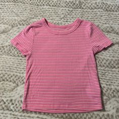 Never Worn, Pink With Stripes. Basic Striped Short Sleeve Tops, Cute Striped Short Sleeve T-shirt, Striped Graphic Tee For Spring, Cute Striped Short Sleeve Tops, Spring Striped Graphic Tee T-shirt, Pink Striped Shirt, Striped T Shirt, Pink Stripes, Striped Shirt