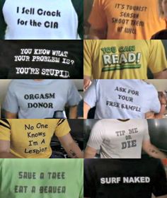 many different t - shirts with words on them