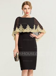 Sheath/Column Scoop Neck Knee-Length Chiffon Cocktail Dress With Lace Cape Brokat, Modern Filipiniana Dress, Tulle Skirts Outfit, Black Dress With Lace, Filipiniana Dress, Gold And Black Dress, Chiffon Cocktail Dress, Long Cocktail Dress, Bride Clothes