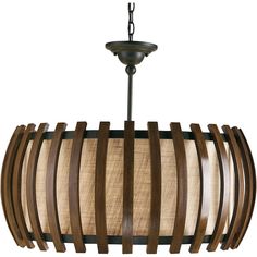 a large wooden light fixture hanging from a chandelier with fabric shades on it