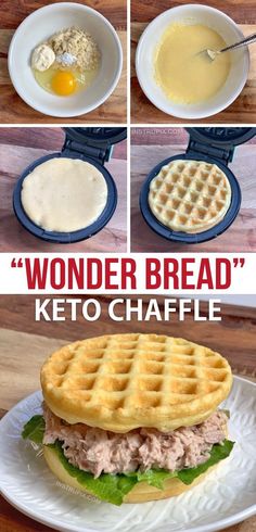 four pictures showing how to make a wonder bread keto waffle sandwich with eggs and cheese