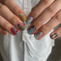 Esoteric Nail Art, Winter Funky Nails, Garbo Zhu Nails, Adrianne Lenker Nails, Nail Mood Board, Mismatched Nails Summer, Hippy Nail Art, Granola Nails, Granola Girl Nails