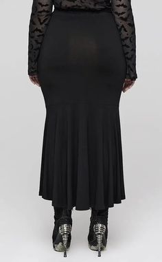 Introducing the Nixie Maxi Skirt - long, sleek, and oh-so-pretty! Material: Soft mermaid-style fitted skirt Ruched front Elastic lace waistband 95% cotton, 5% elastan Maxi Skirt Plus Size, Plus Size Gothic, Plus Size Goth, Suspender Tights, Slim Fit Skirts, Gothic Skirt, Fishnet Leggings, Skirt Plus Size, Fishtail Skirt