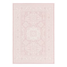 a pink and white rug with an intricate design on the bottom, in front of a white background