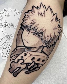 a tattoo on the leg of a person with an anime character in black and white